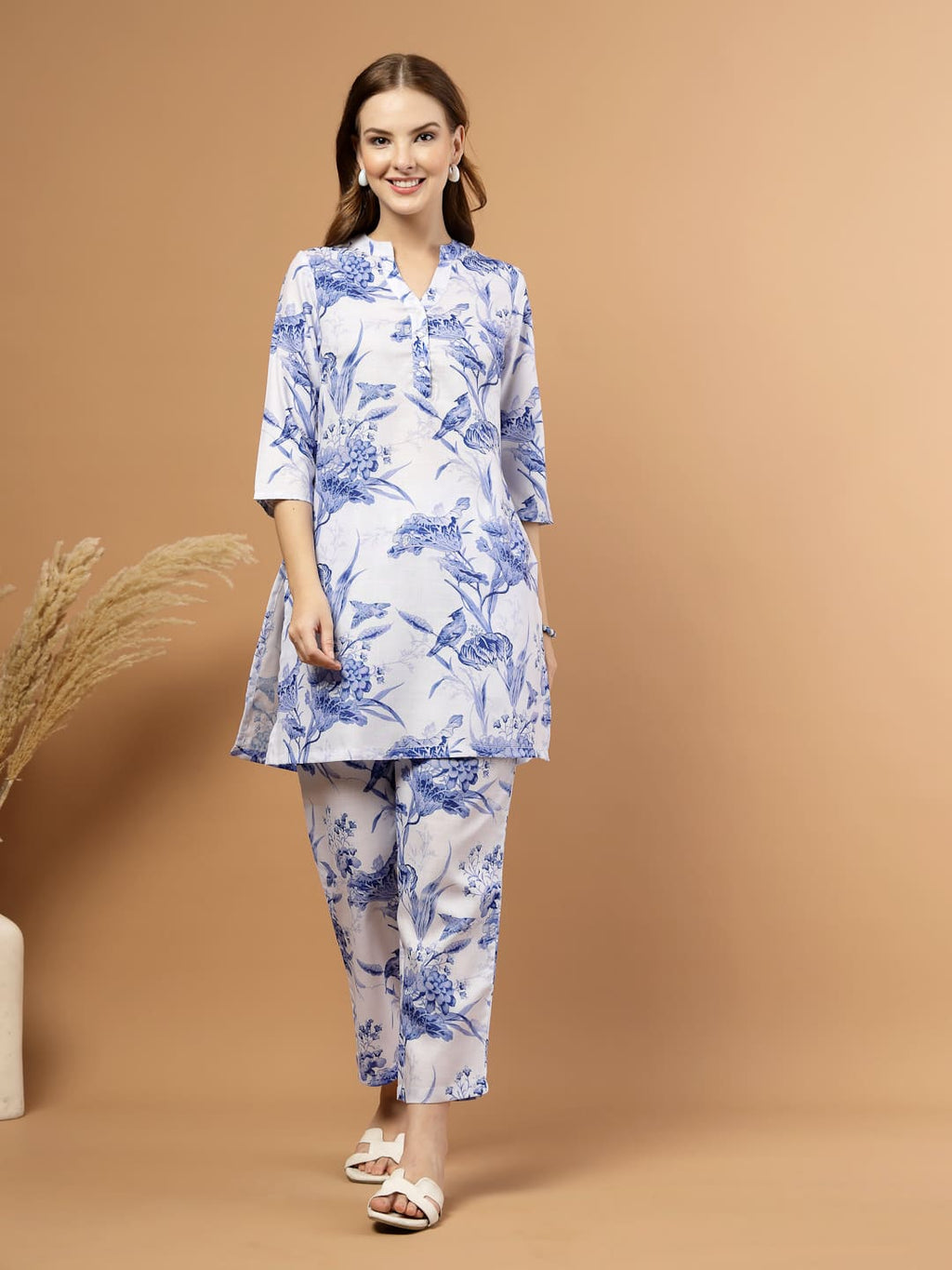 Blue Toile Print Kurta Bottom Set for Women – Front View