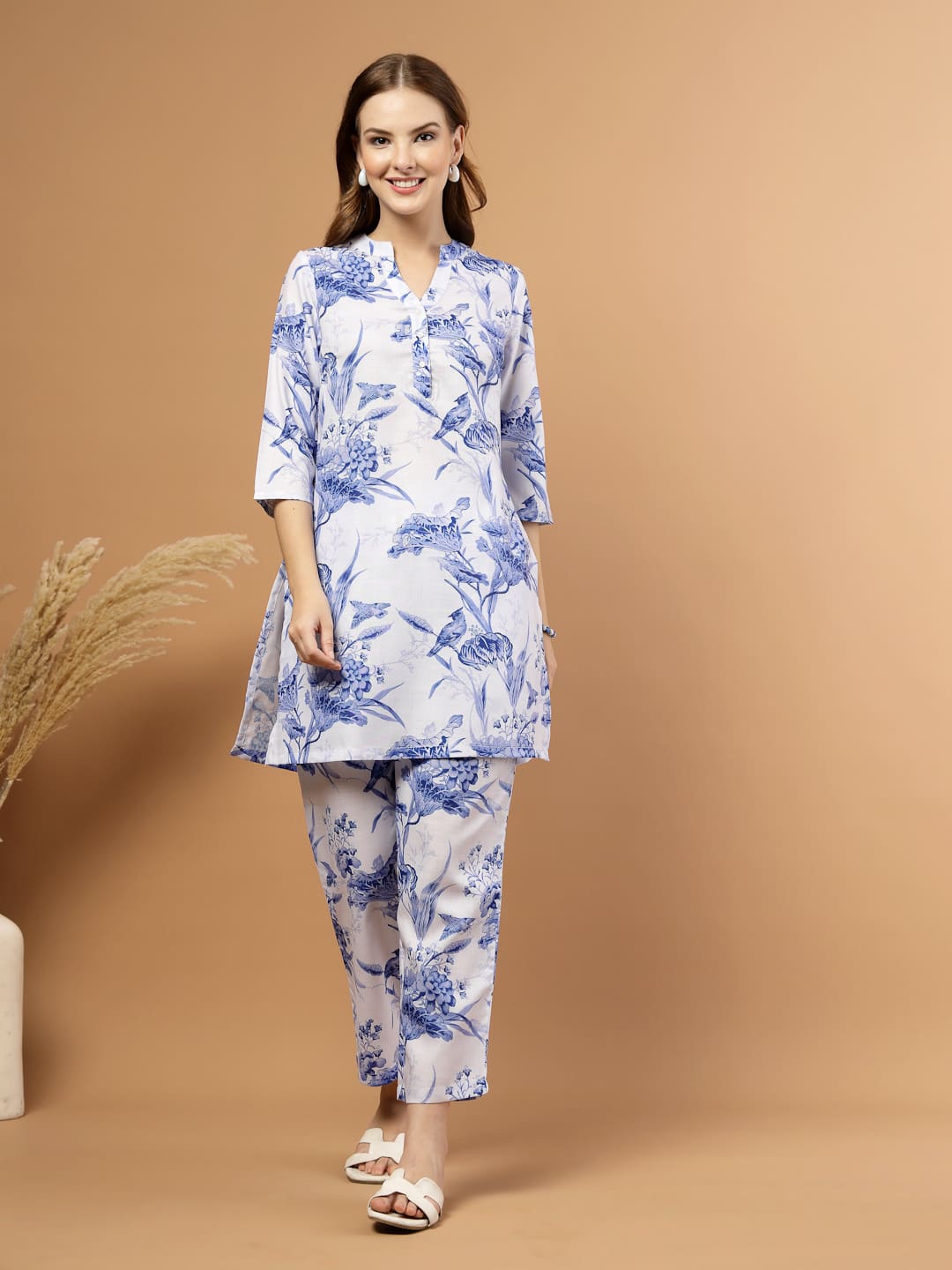 Blue Toile Print Kurta Bottom Set for Women – Front View