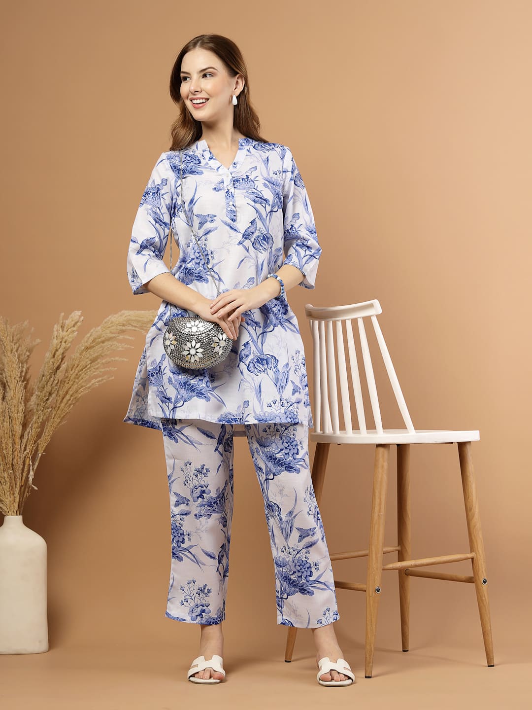 Blue Toile Print Kurta Bottom Set for Women – Front View
