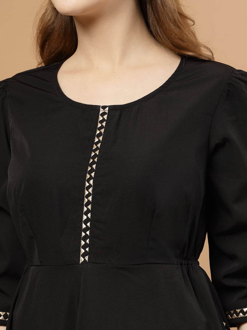 Black Circular Flared Kurta Set for Women, festive ethnic outfit with beautiful flare and stylish design – great for Indian festivals and casual occasions.- close up