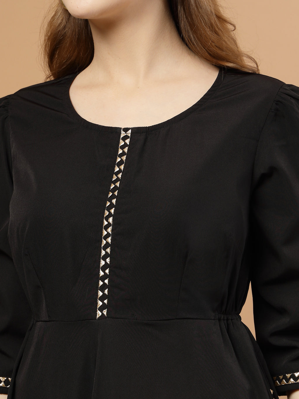 Black Circular Flared Kurta Set for Women, festive ethnic outfit with beautiful flare and stylish design – great for Indian festivals and casual occasions.- Close up