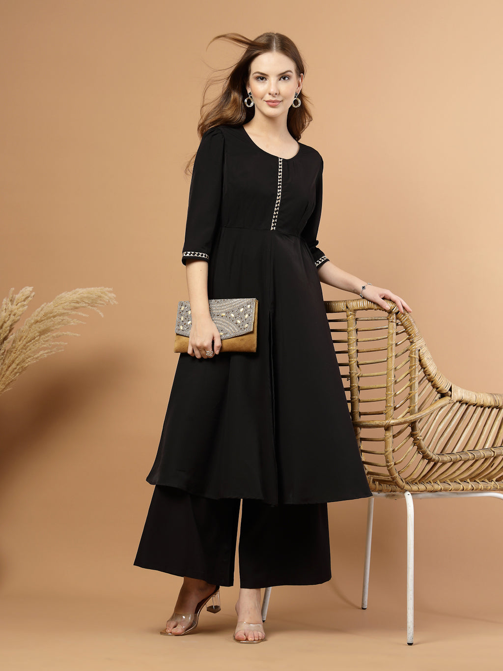 Black Circular Flared Kurta Set for Women, festive ethnic outfit with beautiful flare and stylish design – great for Indian festivals and casual occasions.- Front full View