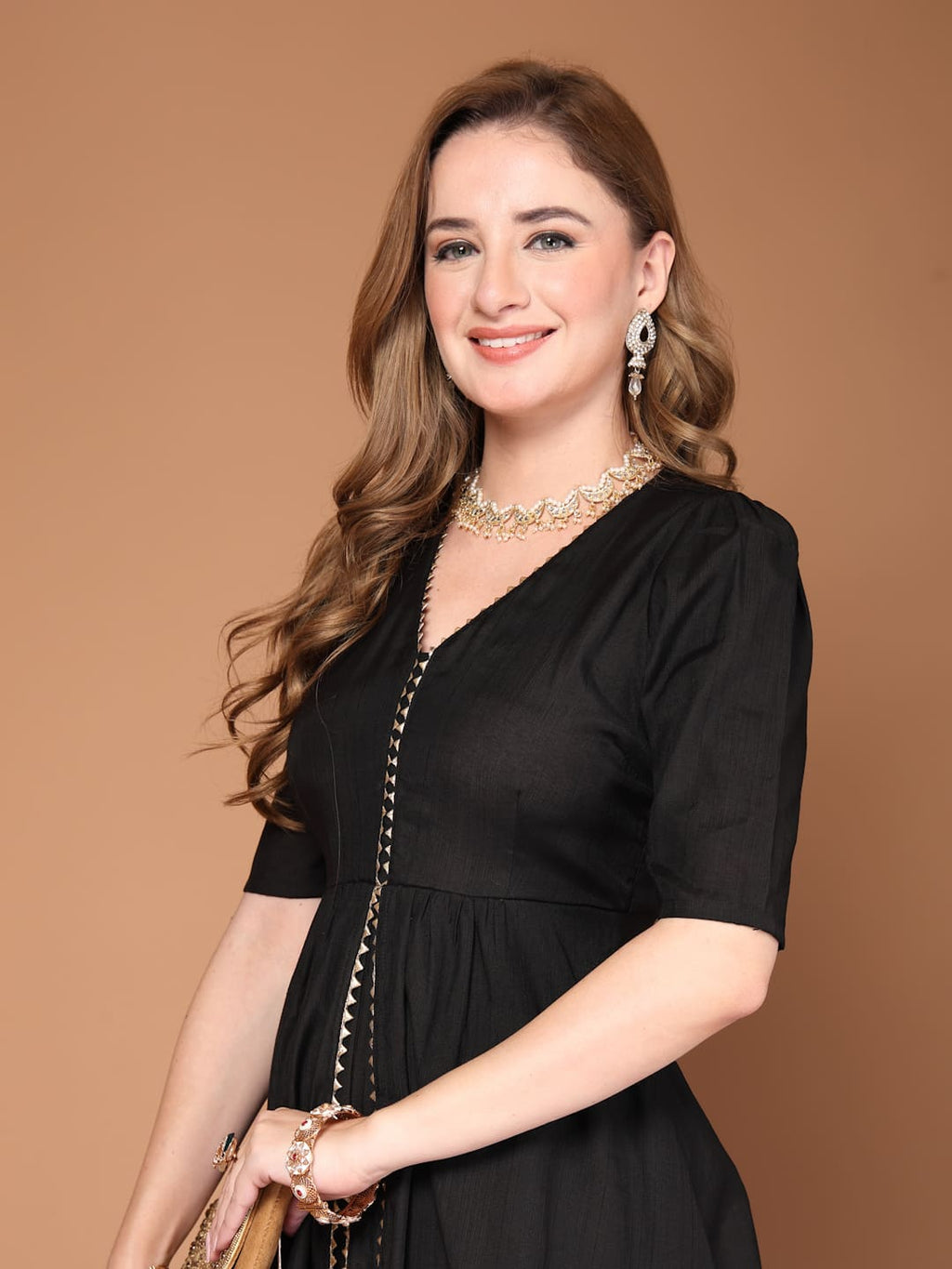 Women’s black layered kurta set with flared pants featuring a stylish silhouette, perfect for festive celebrations, parties and everyday ethnic wear- Close Up