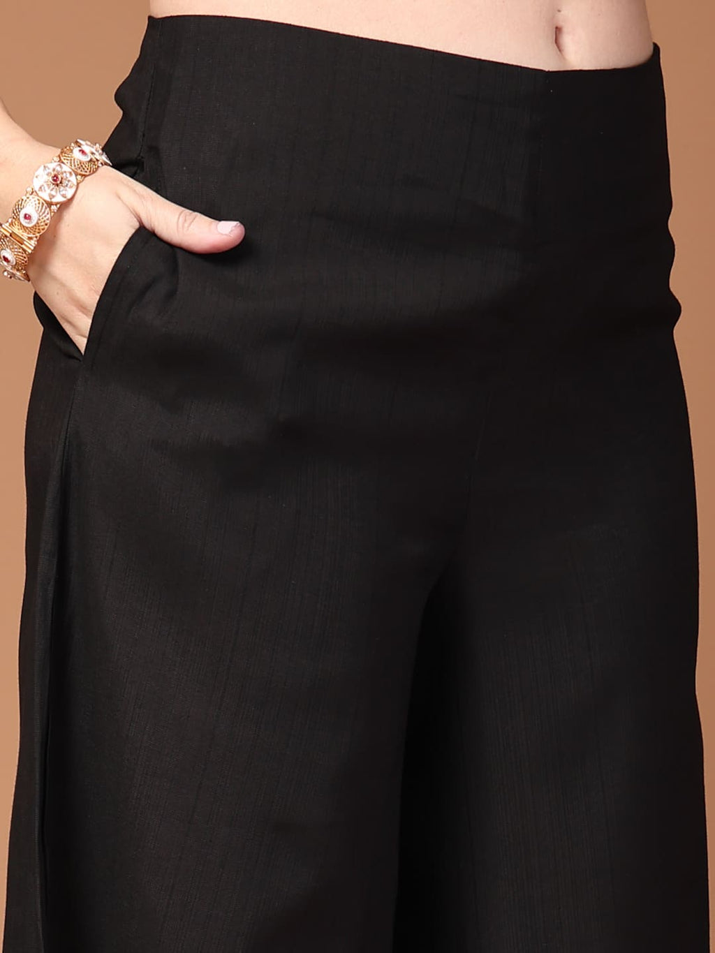 Women’s black layered kurta set with flared pants featuring a stylish silhouette, perfect for festive celebrations, parties and everyday ethnic wear-Pant Closeup