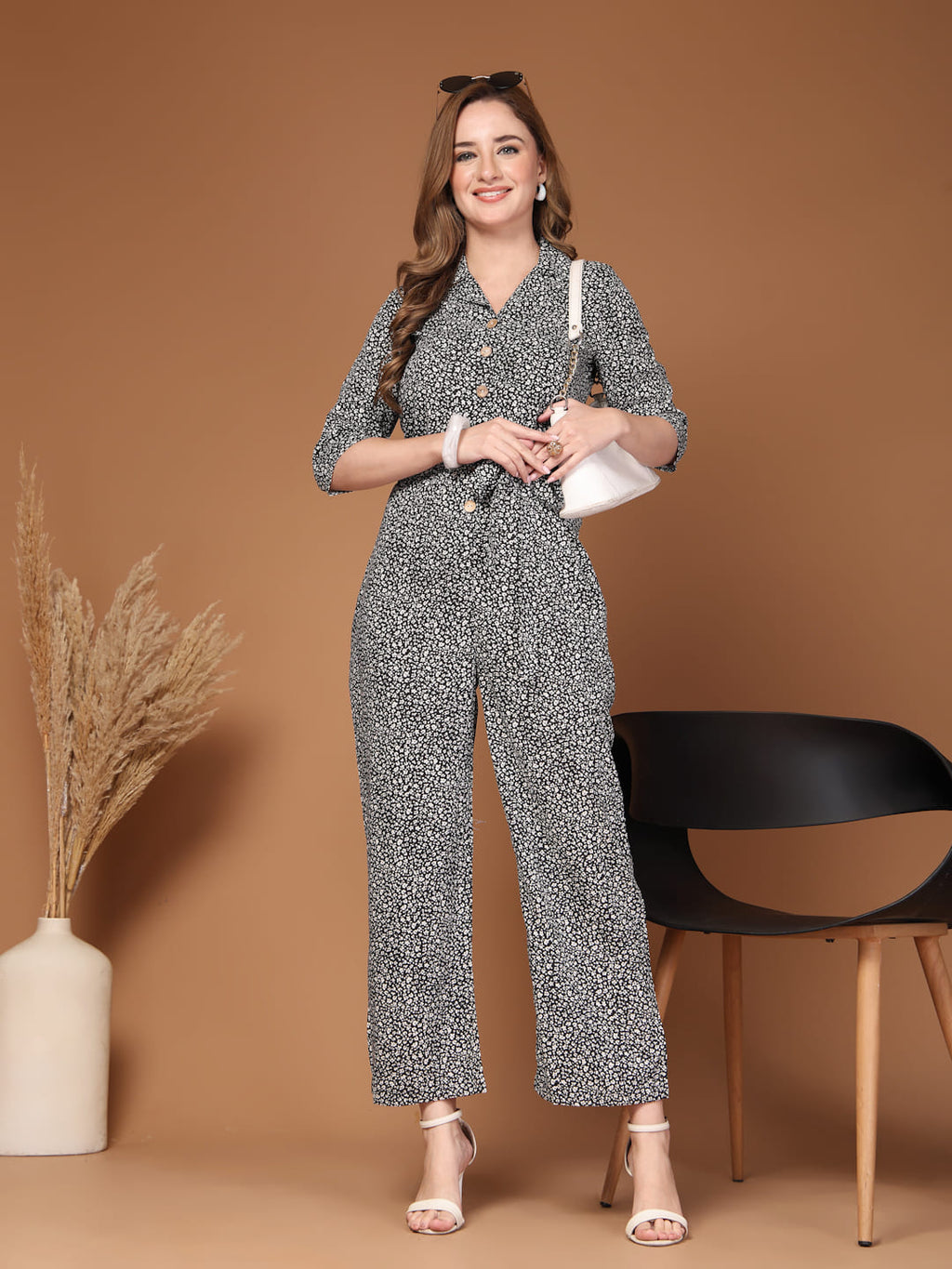 Black Printed Jumpsuit for Women – Summer Casual Wear- Front Image