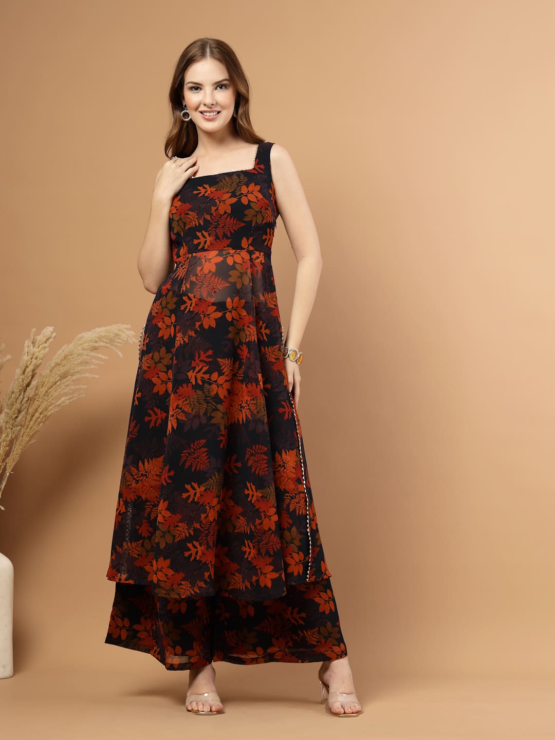 Black Tropical Printed Flared Kurti Set – front view