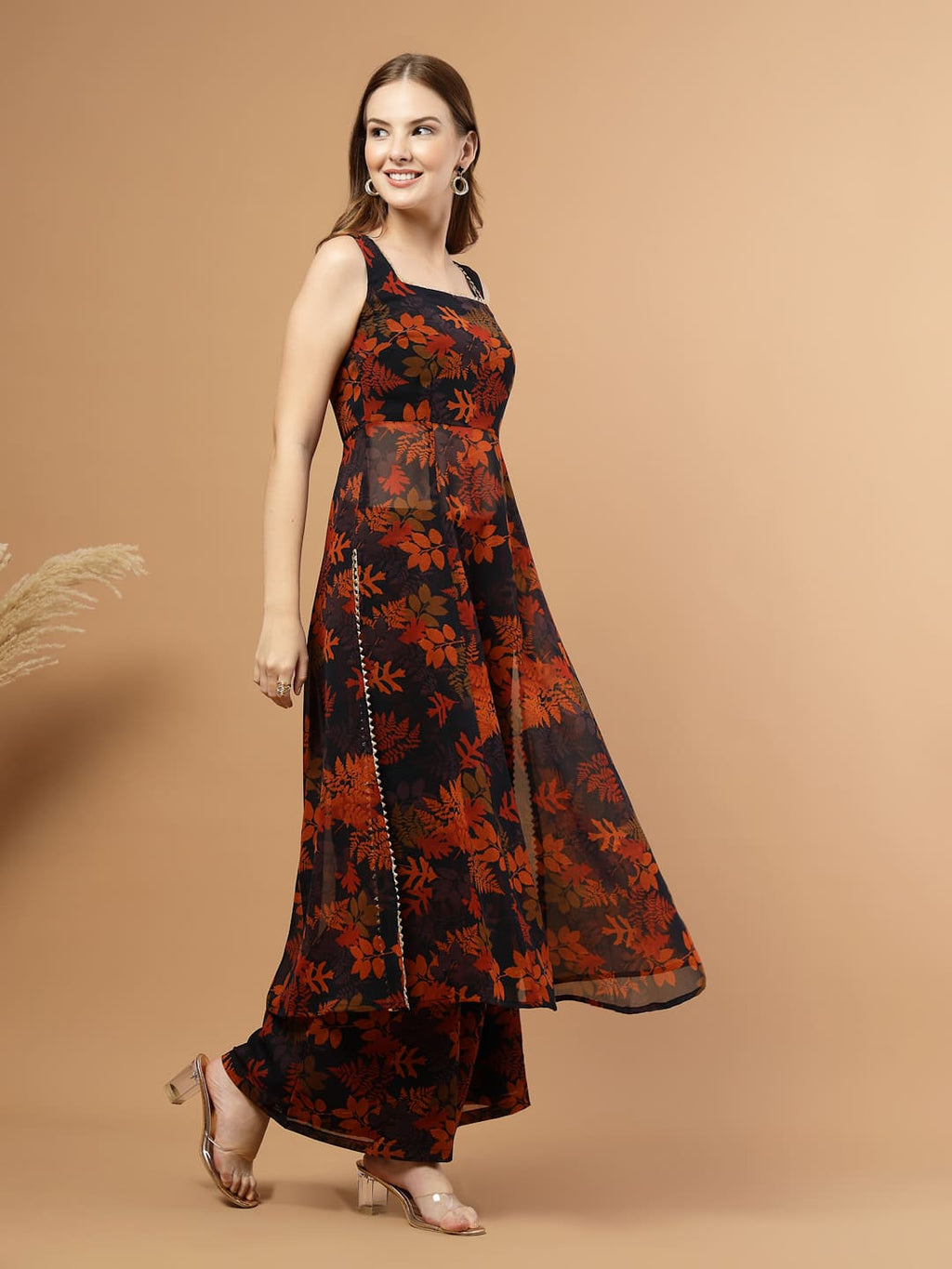 Black Tropical Printed Flared Kurti Set – side view