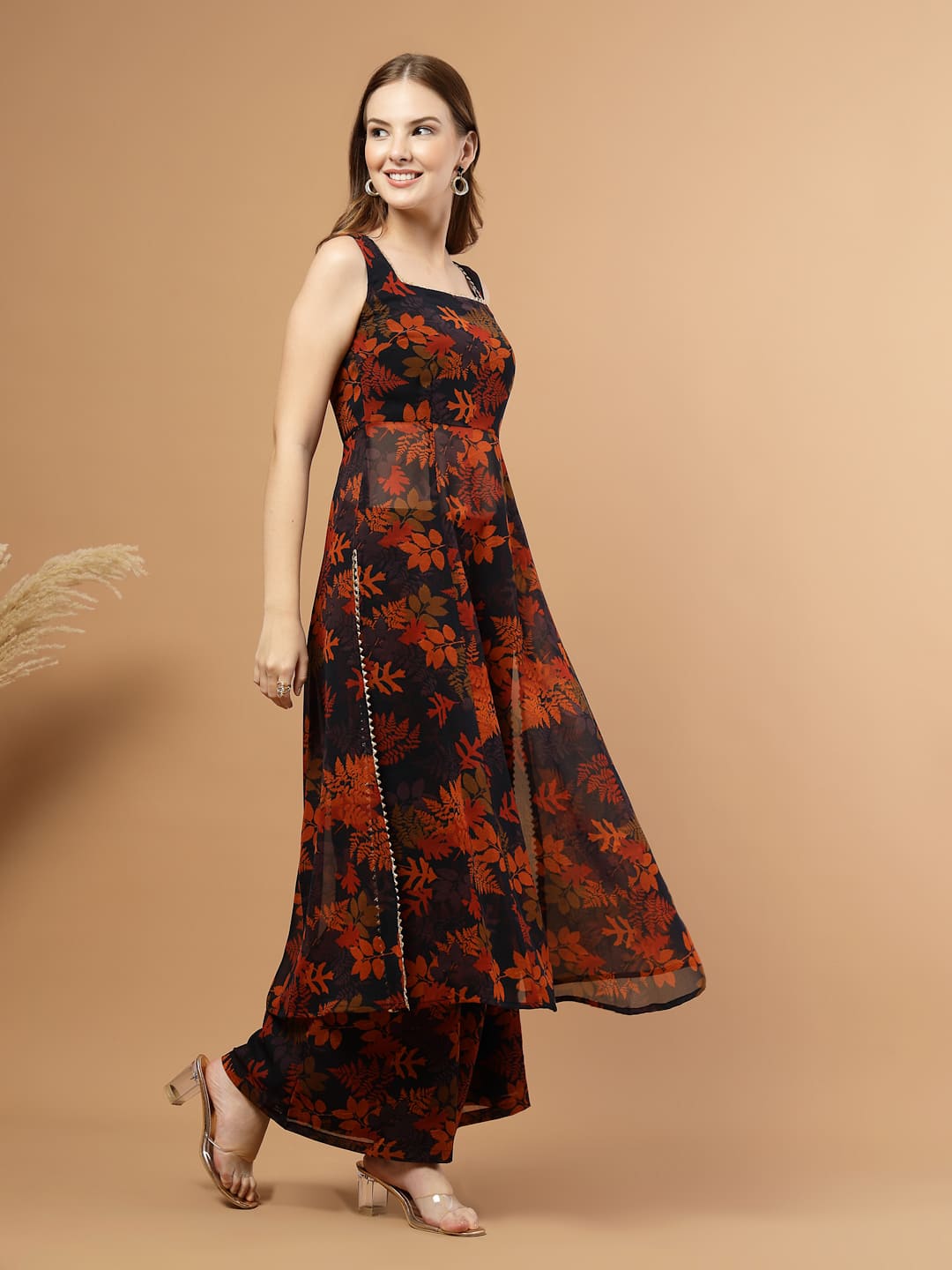 Black Tropical Printed Flared Kurti Set – side view