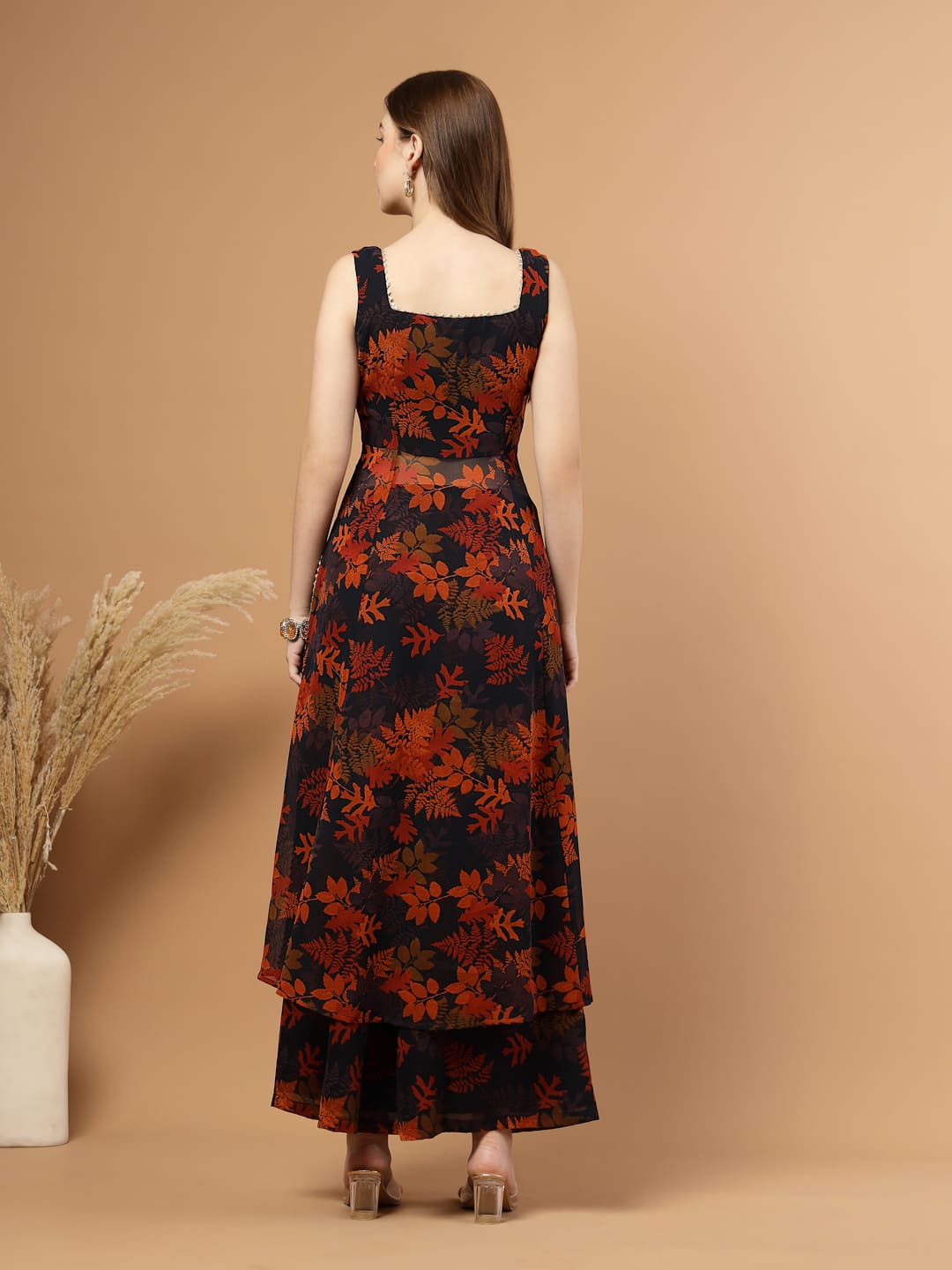 Black Tropical Printed Flared Kurti Set – back view