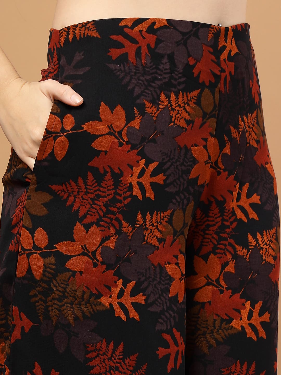 Black Tropical Printed Flared Kurti set- close up view of pant