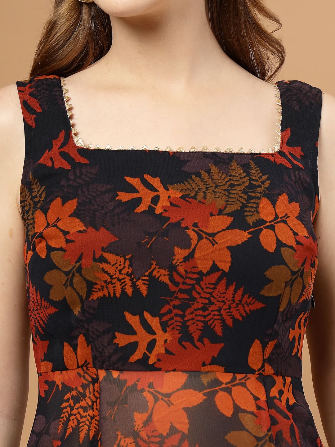Black Tropical Printed Flared Kurti Set – close up view