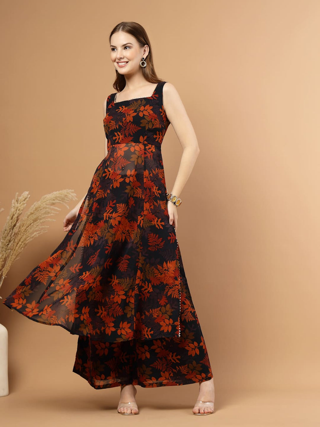 Black Tropical Printed Flared Kurti Set –  right side view