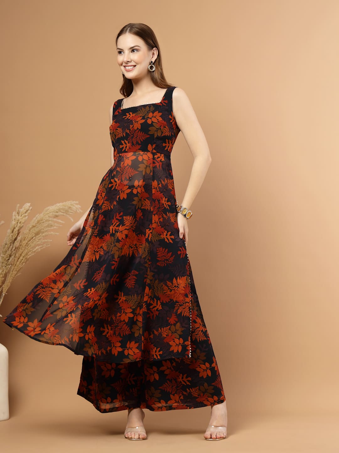 Black Tropical Printed Flared Kurti Set –  right side view