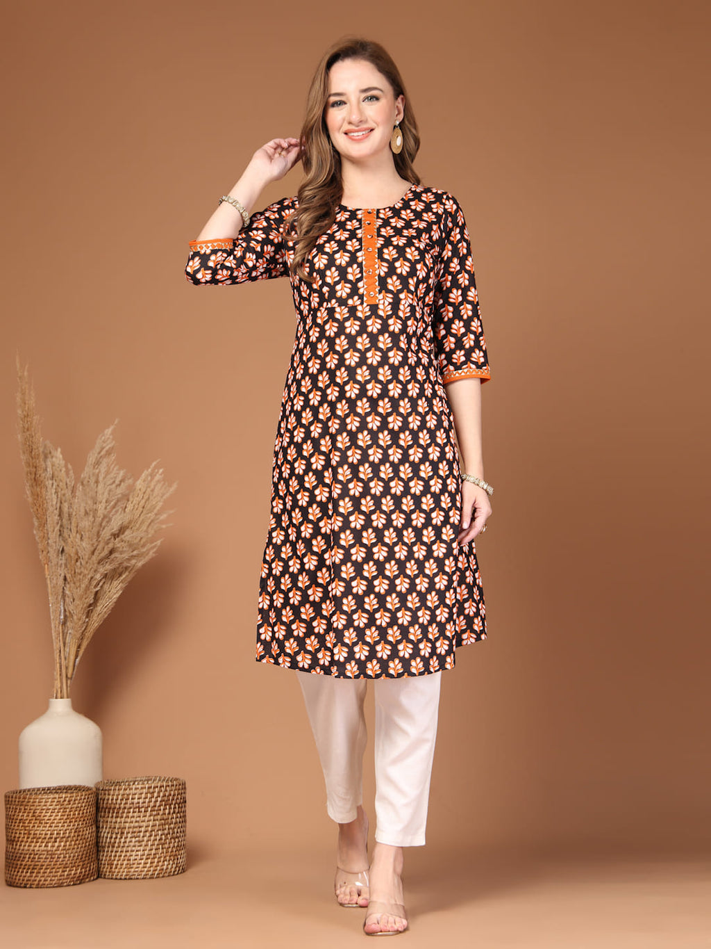 Block printed A line cotton kurti for women