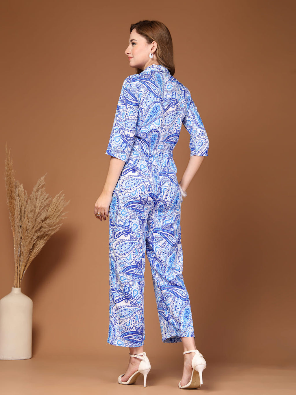 Blue white printed jumpsuit for women with front buttons elastic waist full length summer wear back image