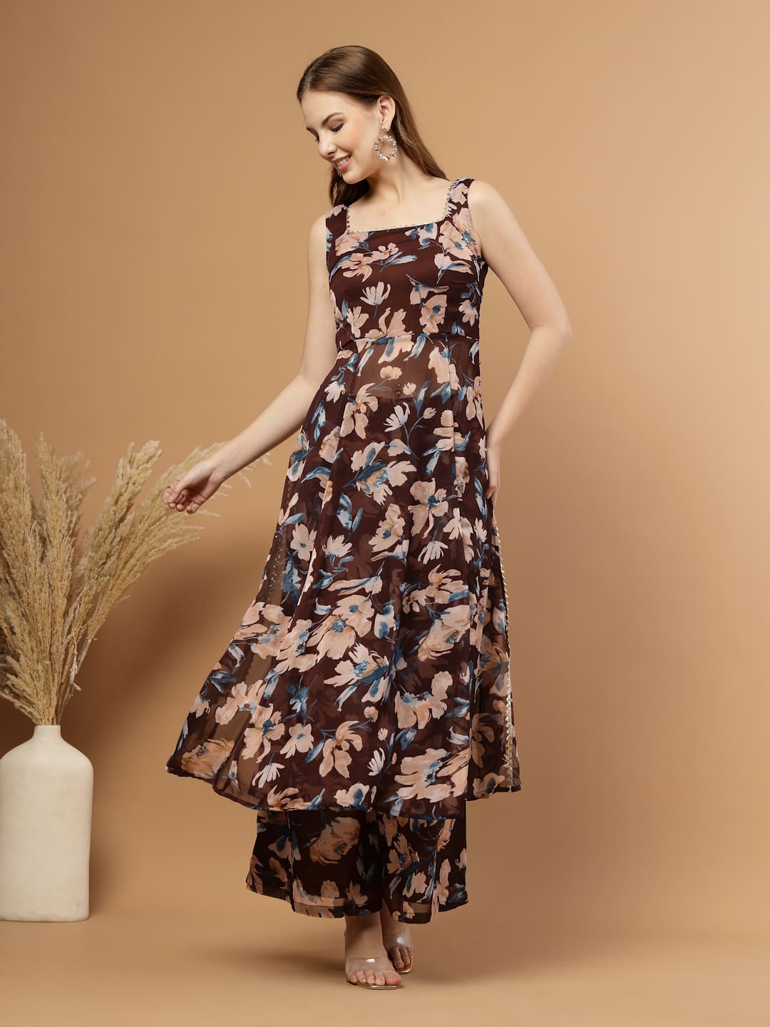 Brown Sleeveless Kurti with Flared Pants – front view