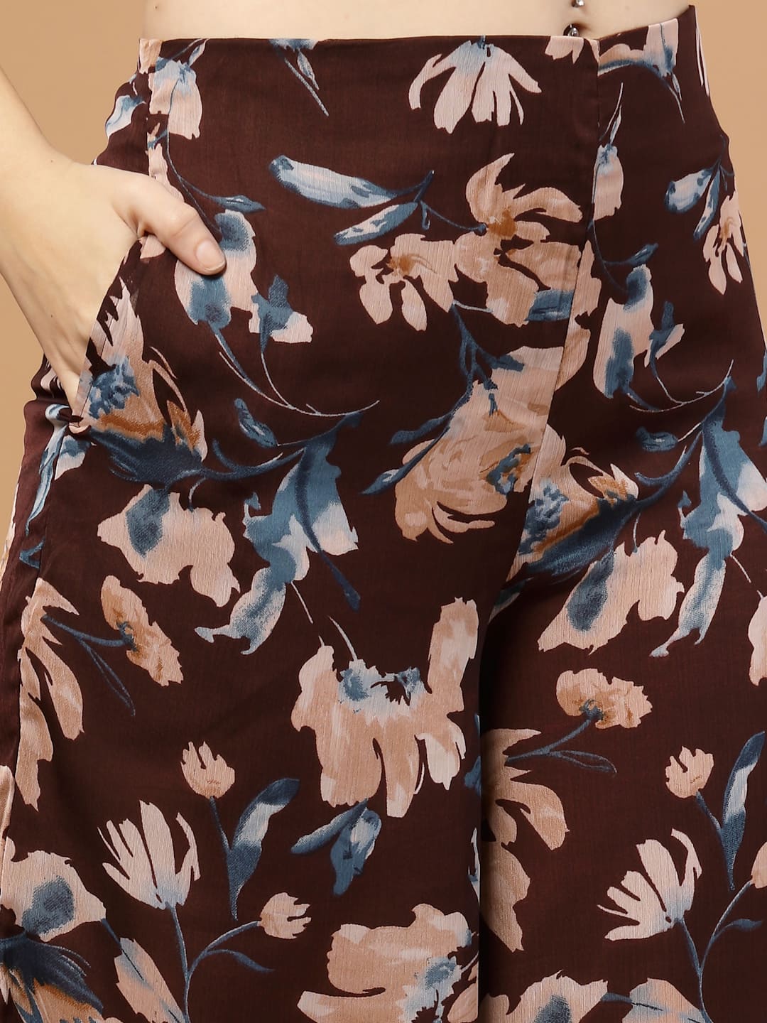 Brown  Flared Pants – front view & side view with close up