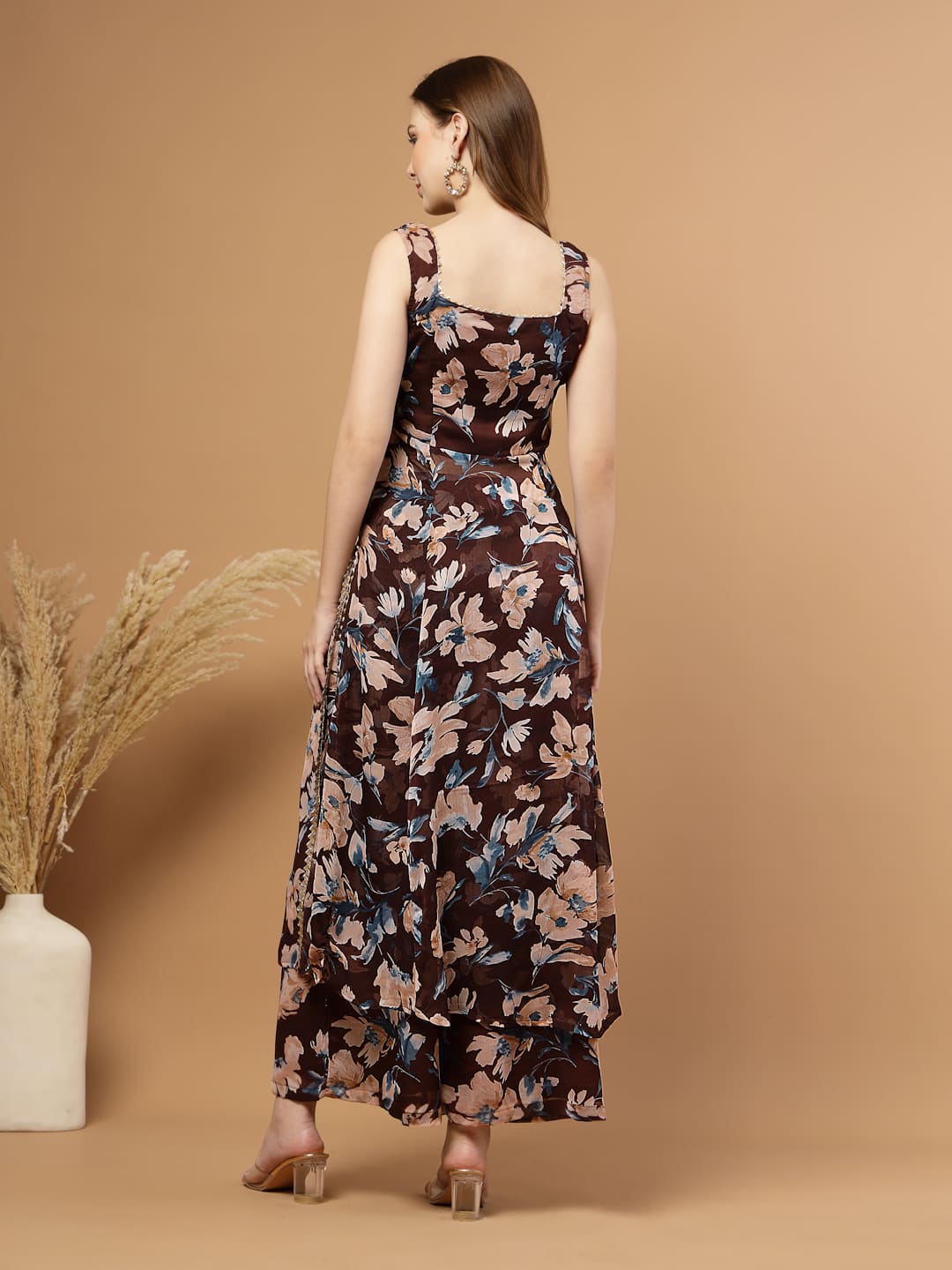 Brown Sleeveless Elegant Kurti with Flared Pants – backv iew