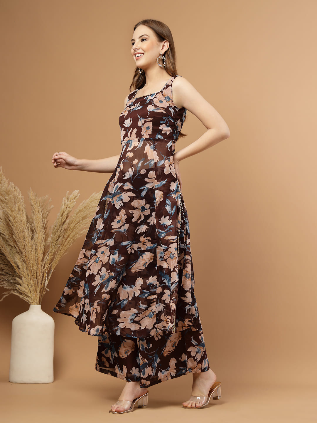 Brown Sleeveless Kurti with Flared Pants – left side view