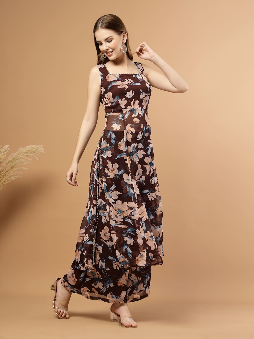 Brown Sleeveless Elegant Kurti with Flared Pants – front right side view