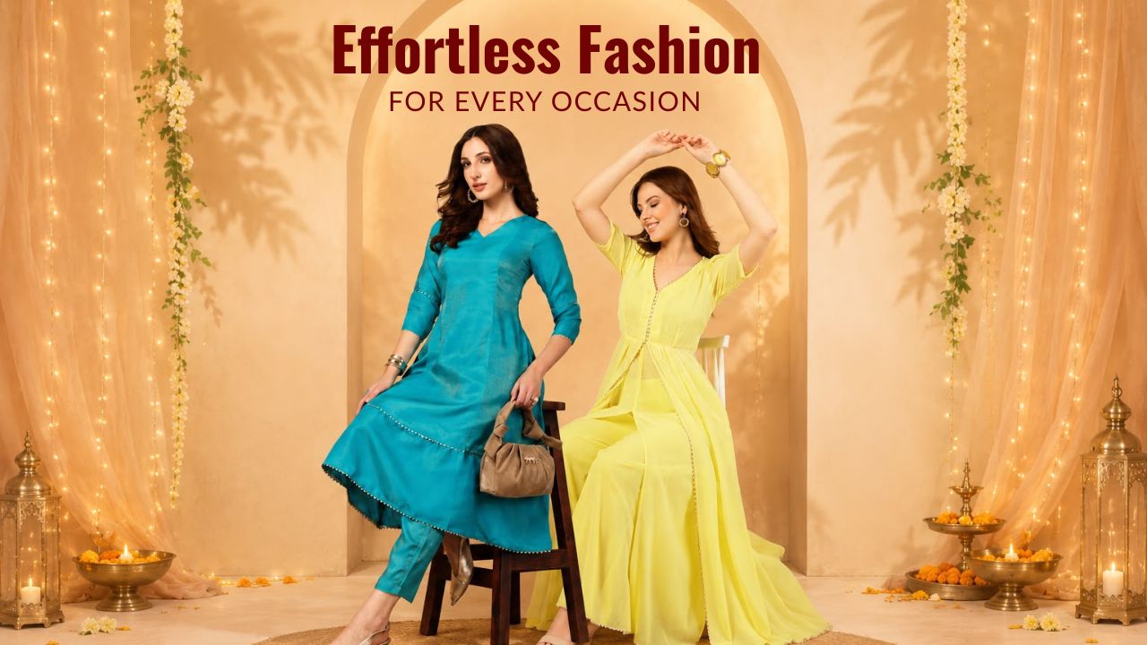 Two women modeling traditional South Asian salwar kameez outfits in a festive indoor setting. One wears a teal-blue tunic with matching pants and a brown handbag, while the other wears a bright yellow tunic and skirt.