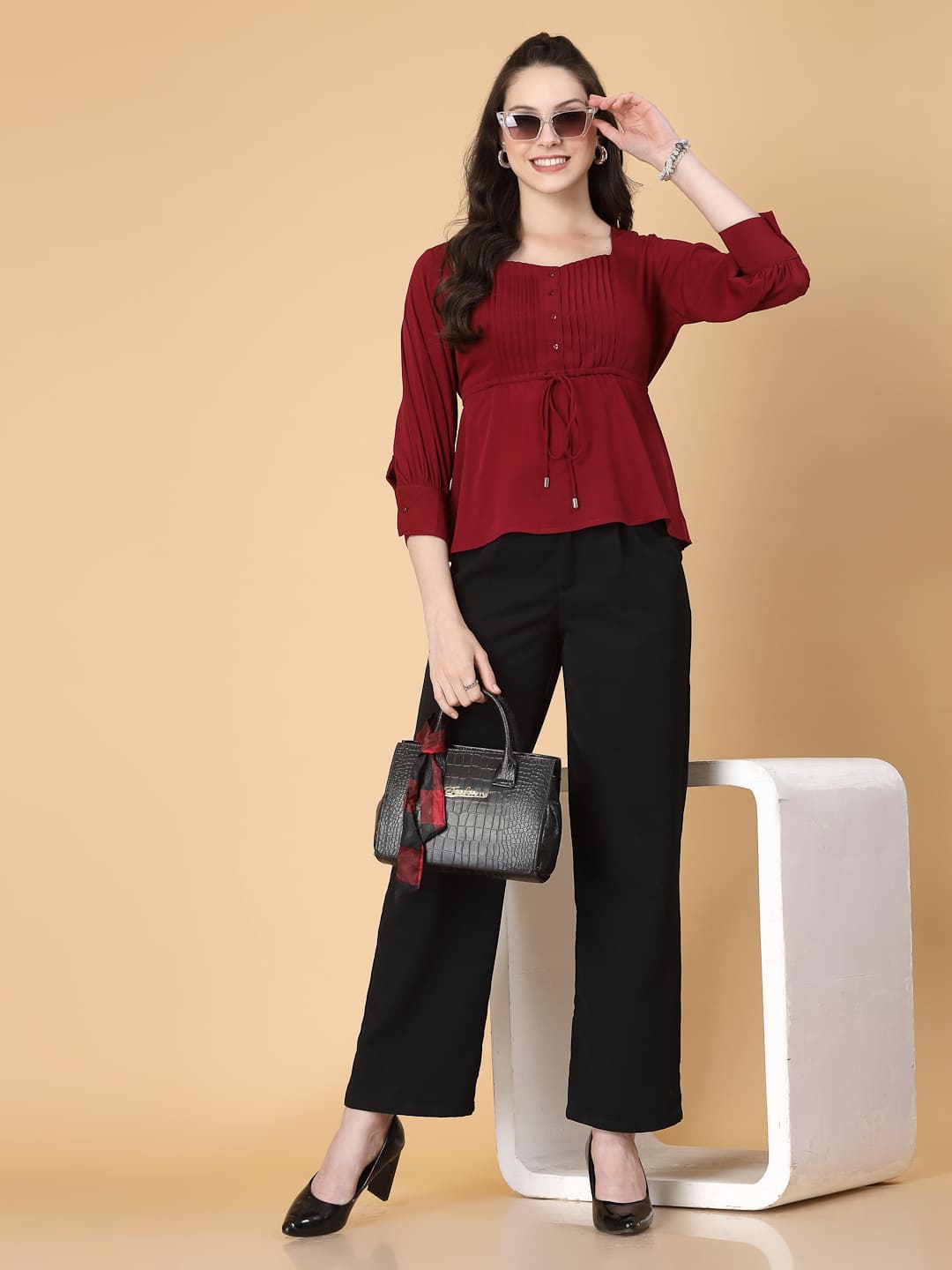 Burgundy Colour Solid color, pintuck detail, and a touch of cinch. Your new Formal blouse For Work.