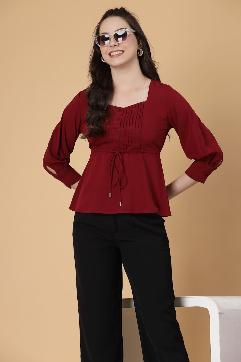 Burgundy Colour Solid color, pintuck detail, and a touch of cinch. Your new Formal blouse For Work.