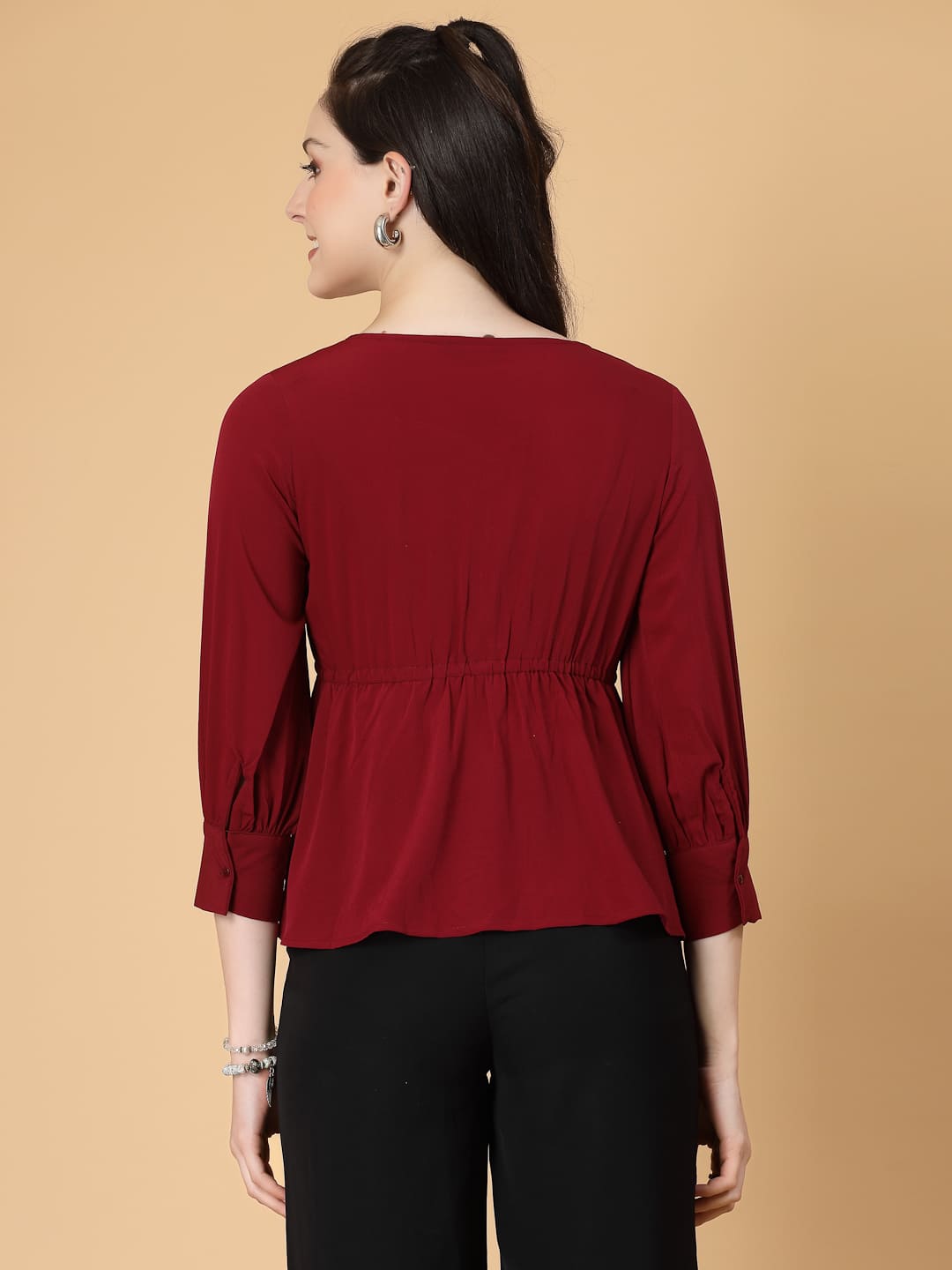 Burgundy Colour Solid color, pintuck detail, and a touch of cinch. Your new Formal blouse For Work.
