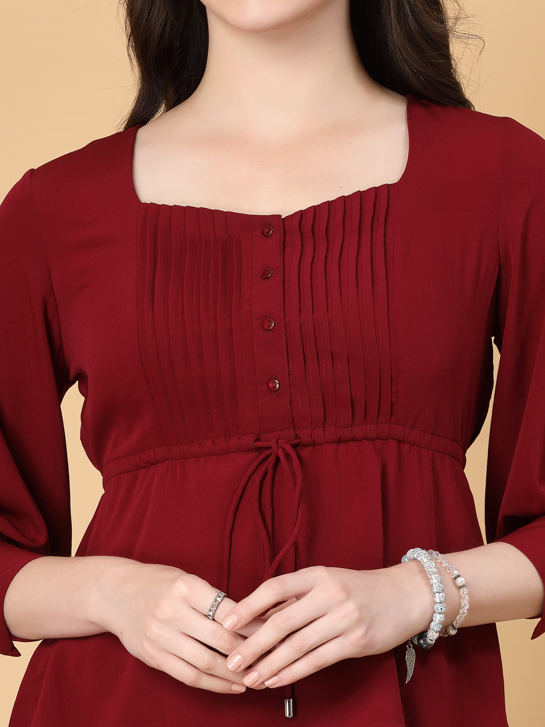 Burgundy Colour Solid color, pintuck detail, and a touch of cinch. Your new Formal blouse For Work.