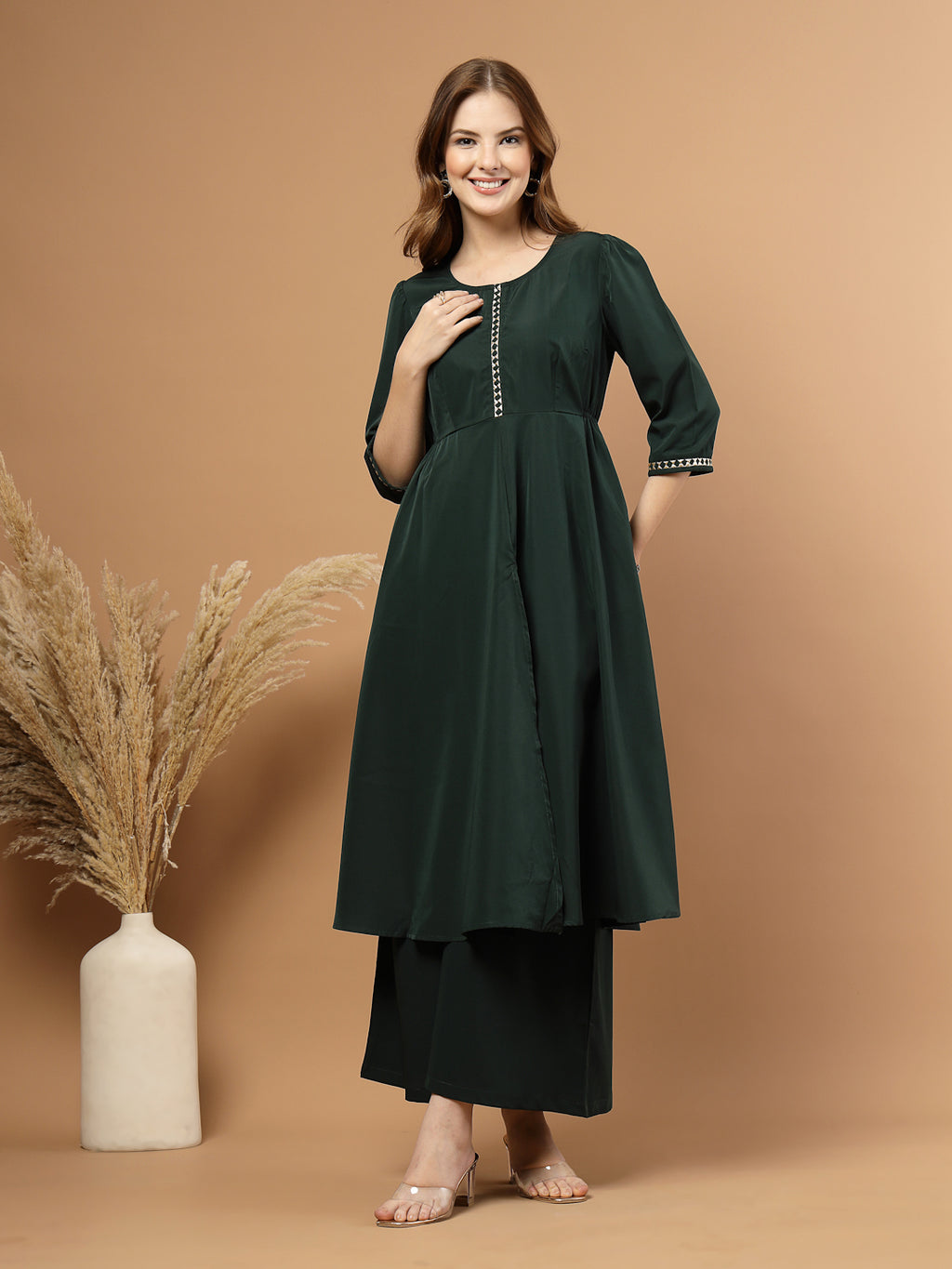 Green Circular Flared Kurta Set for Women, festive ethnic outfit with beautiful flare and stylish design – great for Indian festivals and casual occasions-Front View