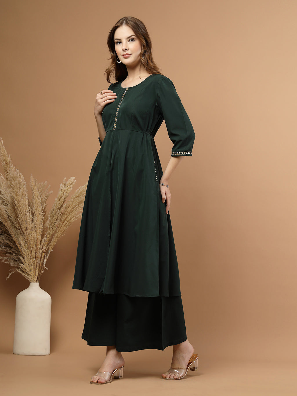 Green Circular Flared Kurta Set for Women, festive ethnic outfit with beautiful flare and stylish design – great for Indian festivals and casual occasions-Side View