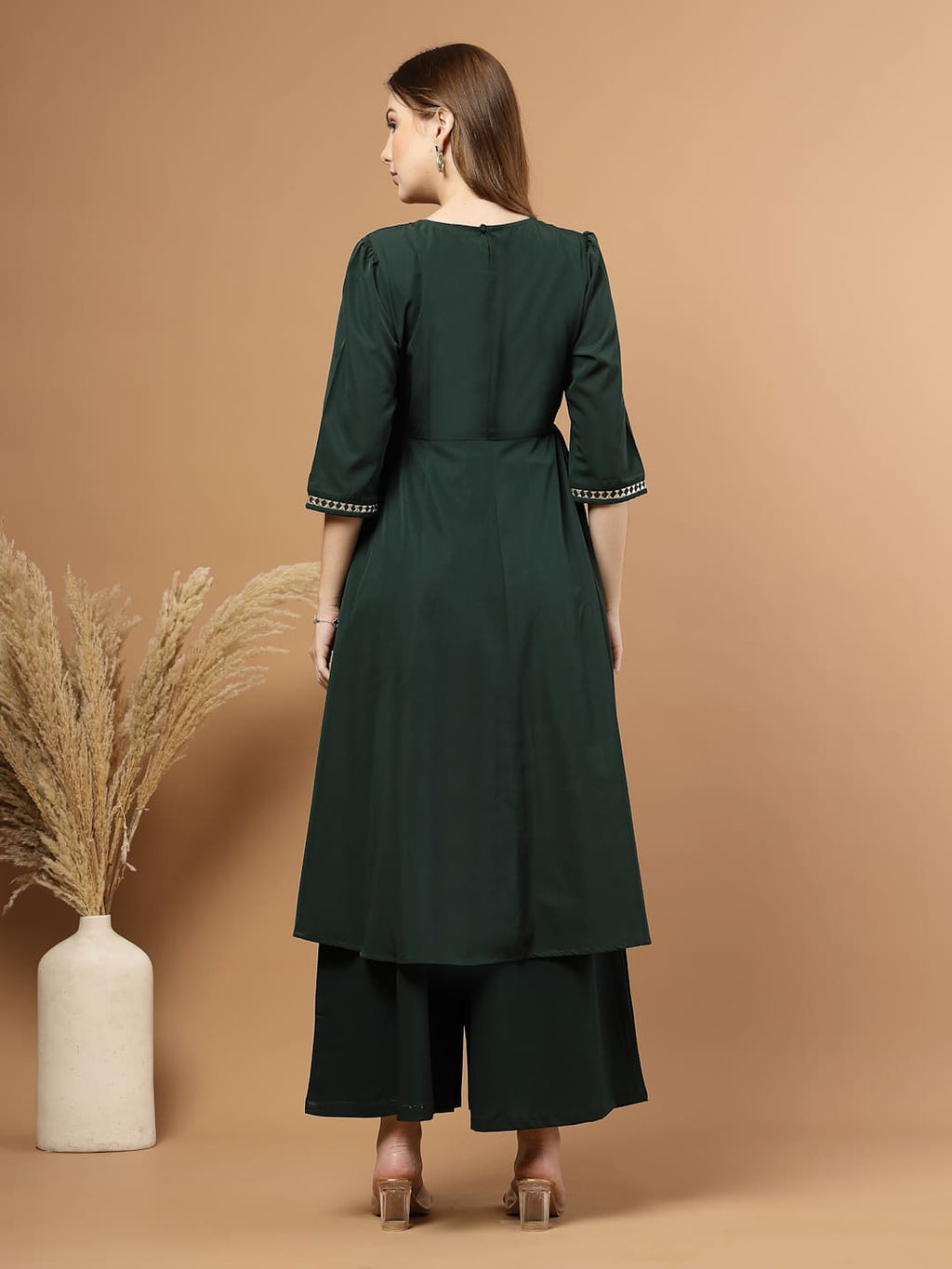 Green Circular Flared Kurta Set for Women, festive ethnic outfit with beautiful flare and stylish design – great for Indian festivals and casual occasions- Back View