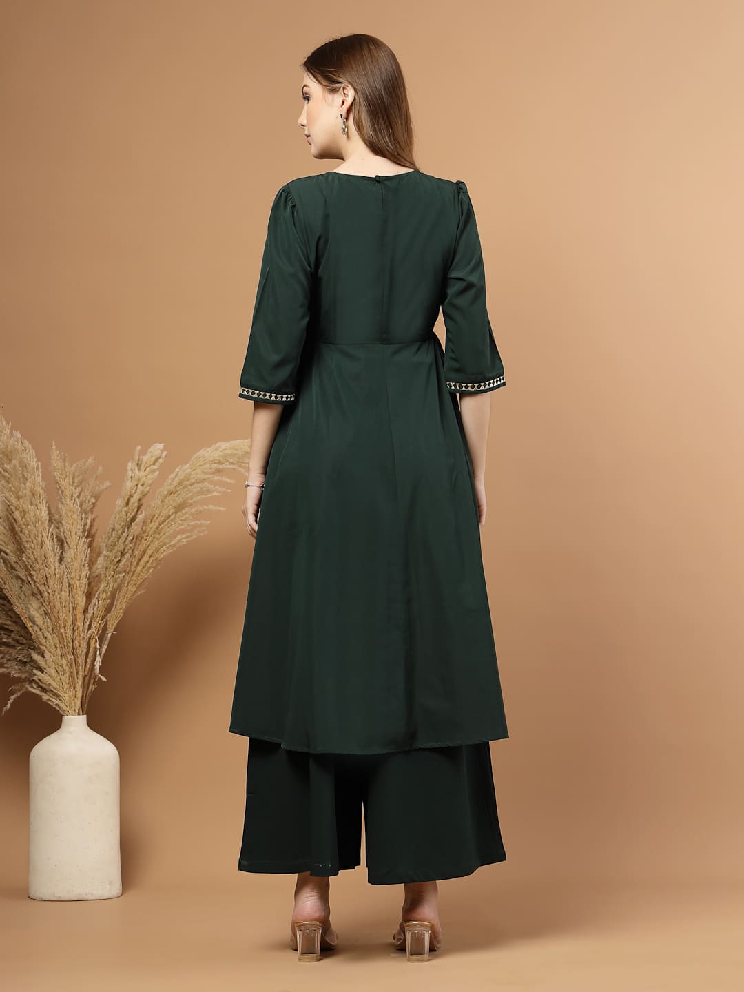Green Circular Flared Kurta Set for Women, festive ethnic outfit with beautiful flare and stylish design – great for Indian festivals and casual occasions- Back View