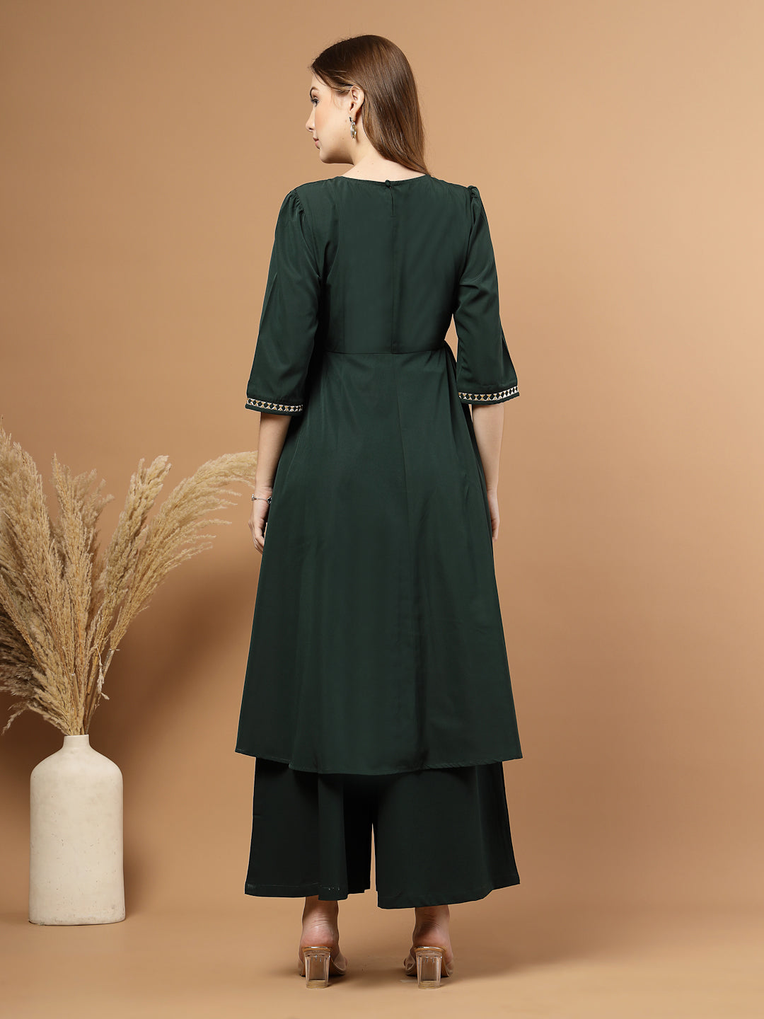 Green Circular Flared Kurta Set for Women, festive ethnic outfit with beautiful flare and stylish design – great for Indian festivals and casual occasions-Back View