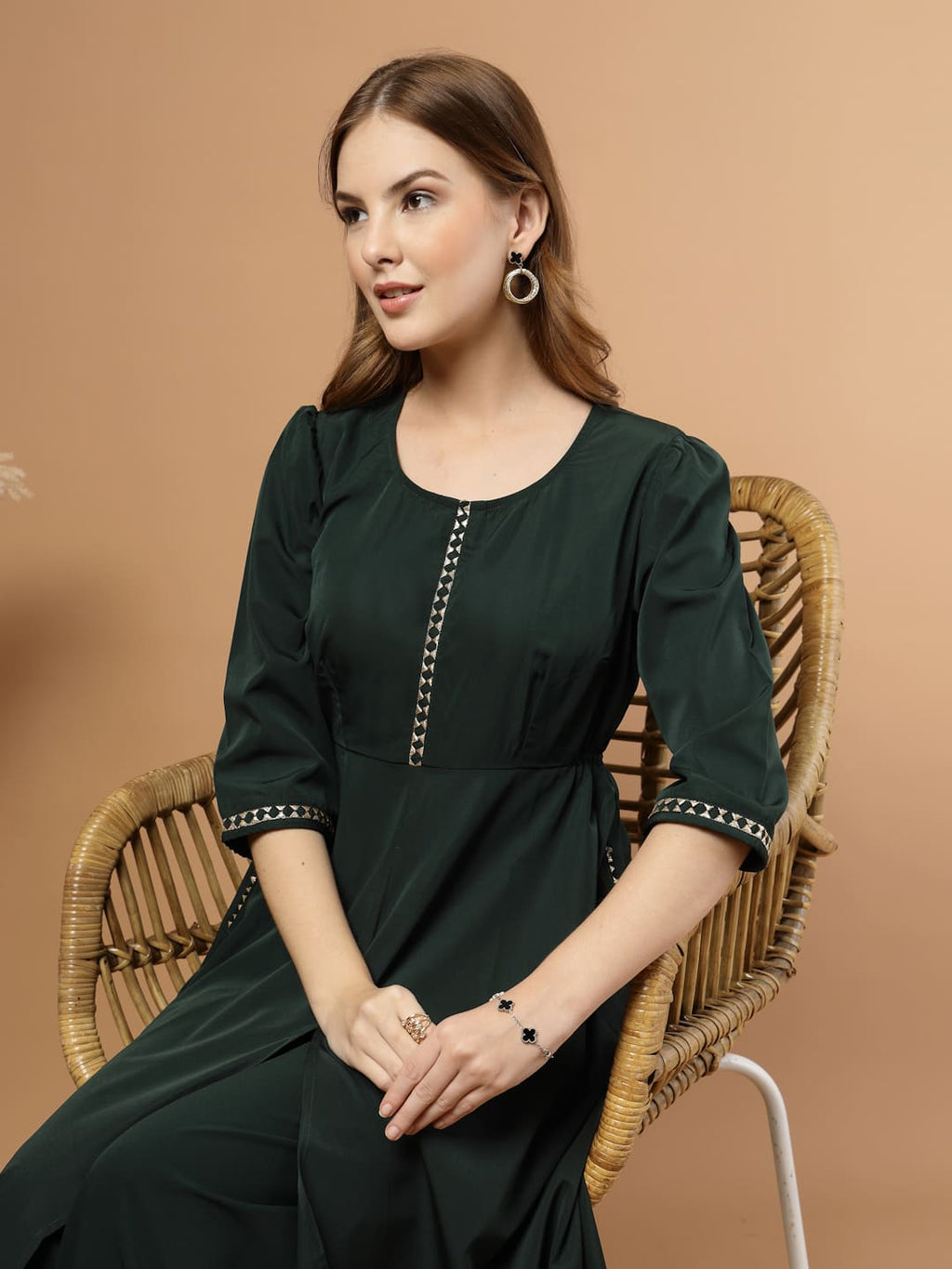 Green Circular Flared Kurta Set for Women, festive ethnic outfit with beautiful flare and stylish design – great for Indian festivals and casual occasions-half view