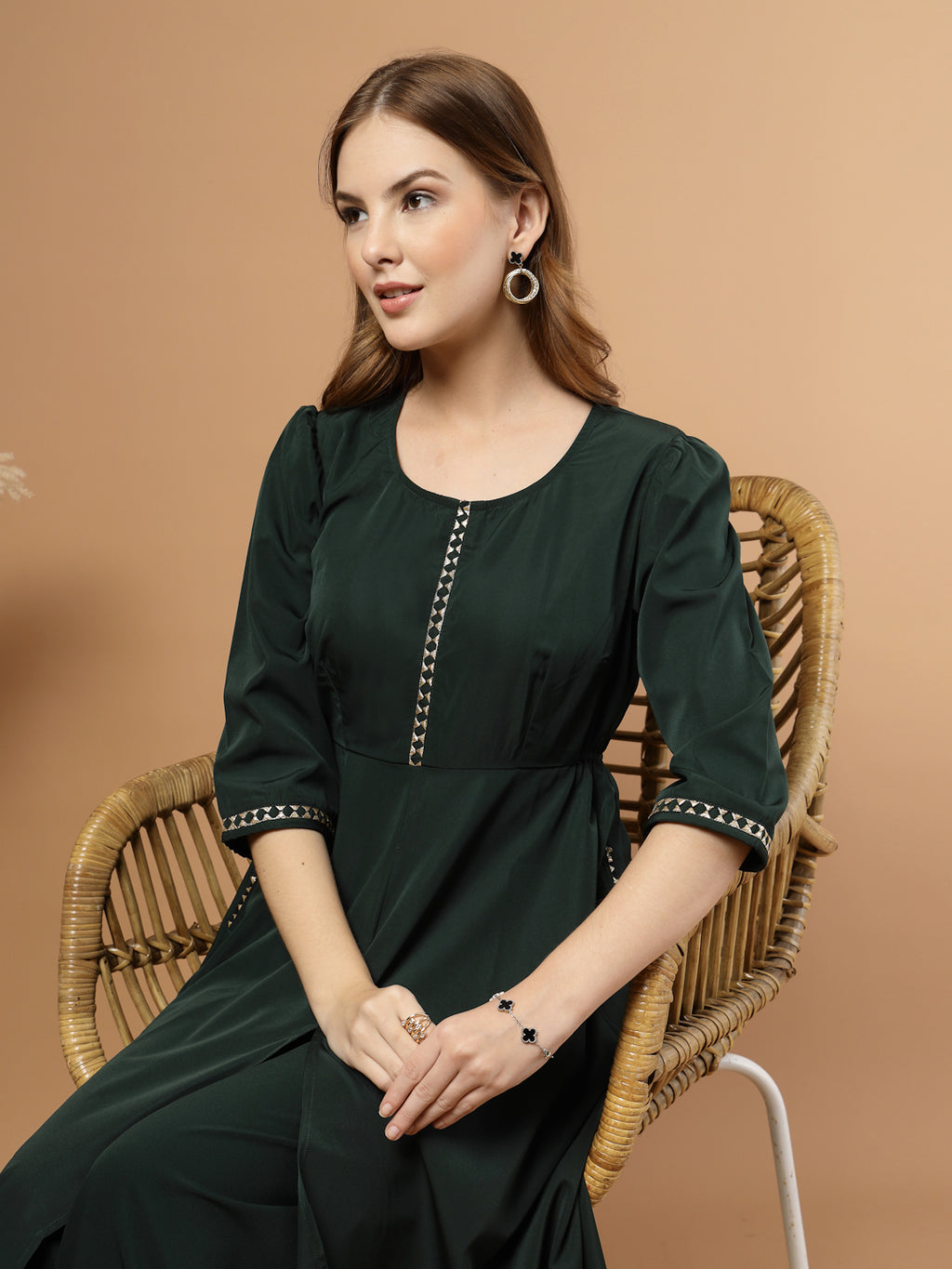 Green Circular Flared Kurta Set for Women, festive ethnic outfit with beautiful flare and stylish design – great for Indian festivals and casual occasions- 3/4 view