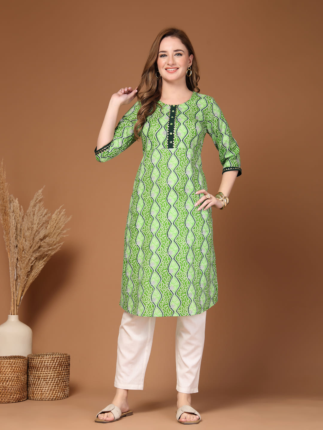 Green printed cotton A-line kurti for women front view