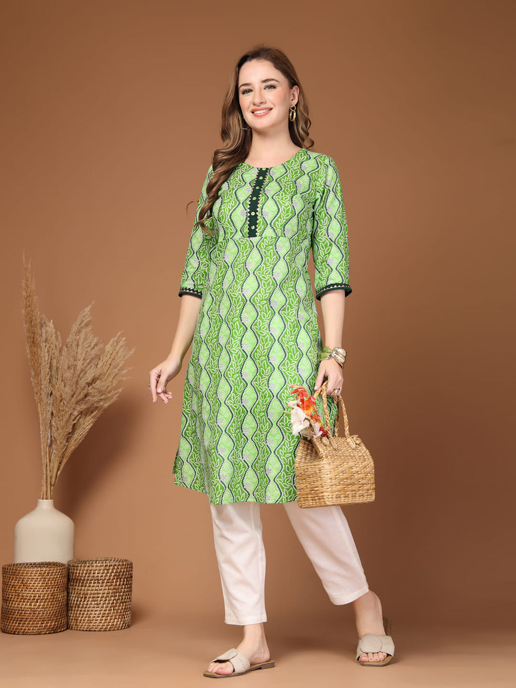 Long green daily wear cotton kurti for office