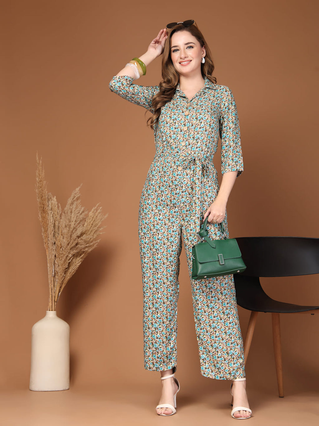 Green Rayon Printed Jumpsuit for Women, elasticated waist front button and tie up belt – Summer Casual Wear
