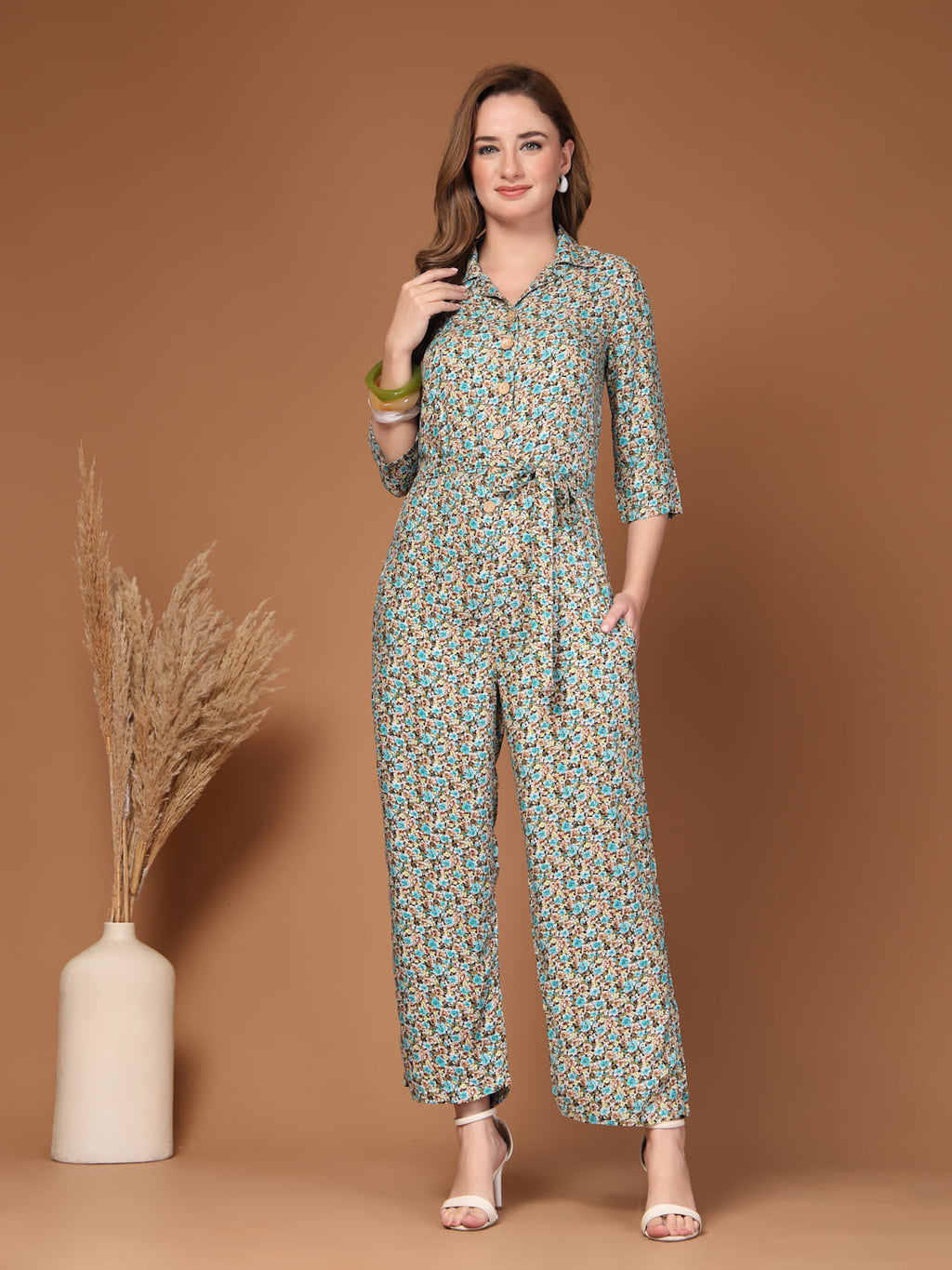 Green Rayon Printed Jumpsuit for Women, elasticated waist front button and tie up belt – Summer Casual Wear full view front