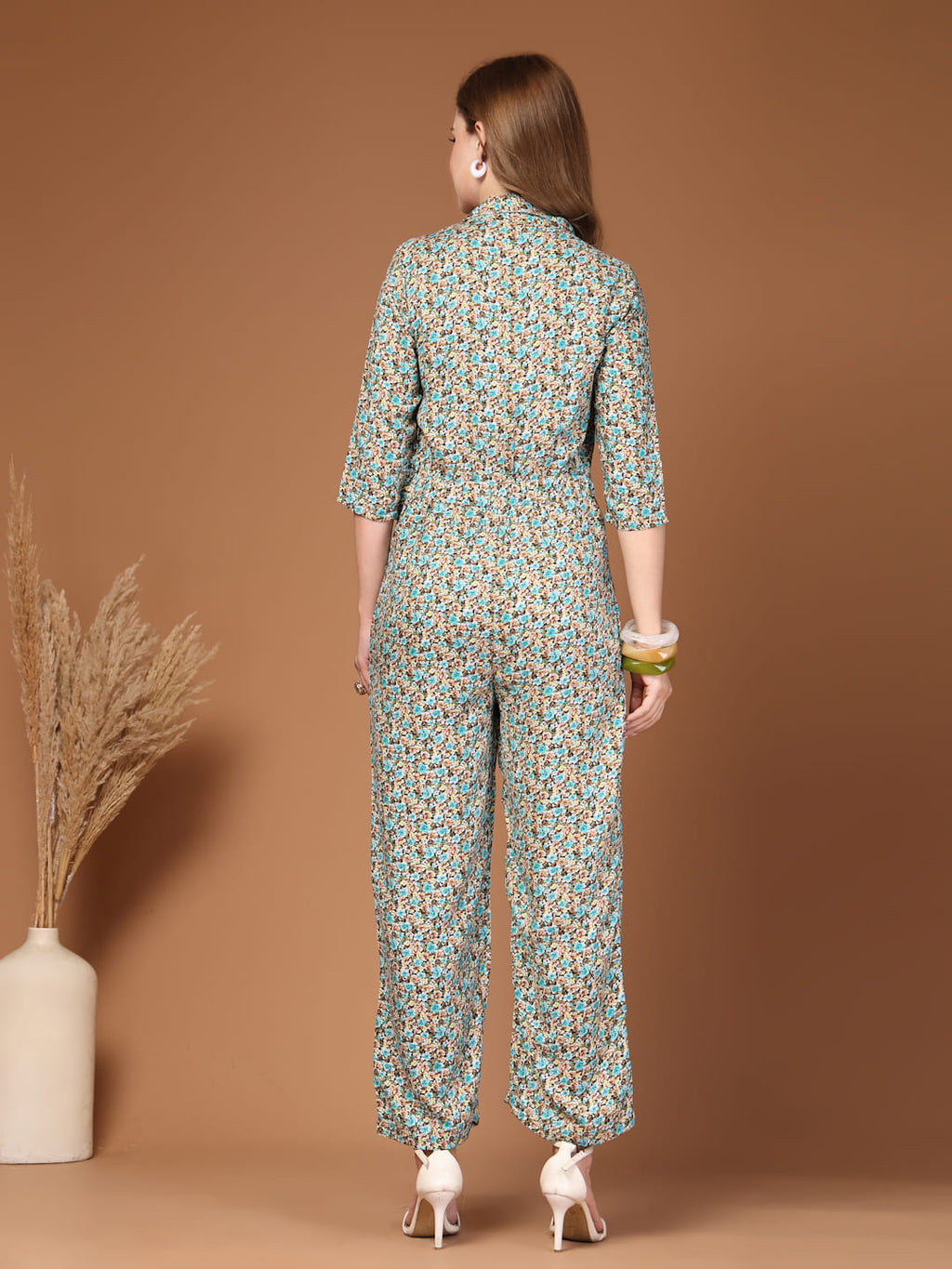 Green Rayon Printed Jumpsuit for Women, elasticated waist front button and tie up belt – Summer Casual Wear back view