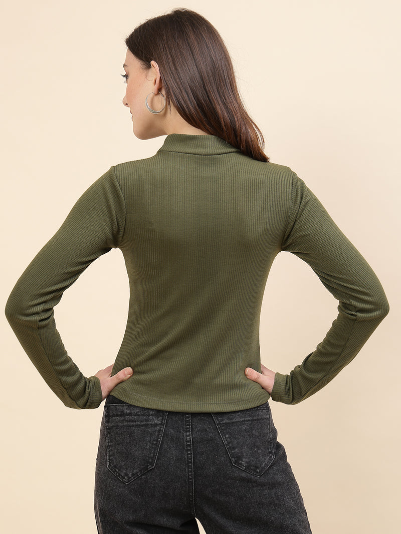 Olive Green Full Sleeve Ribbed Top for Women, is made with soft, ribbed fabric and offers a sleek and snug fit, perfect for everyday wear or layering. Its timeless olive green hue adds a touch of elegance, while the full sleeves deliver a chic look for various occasions.