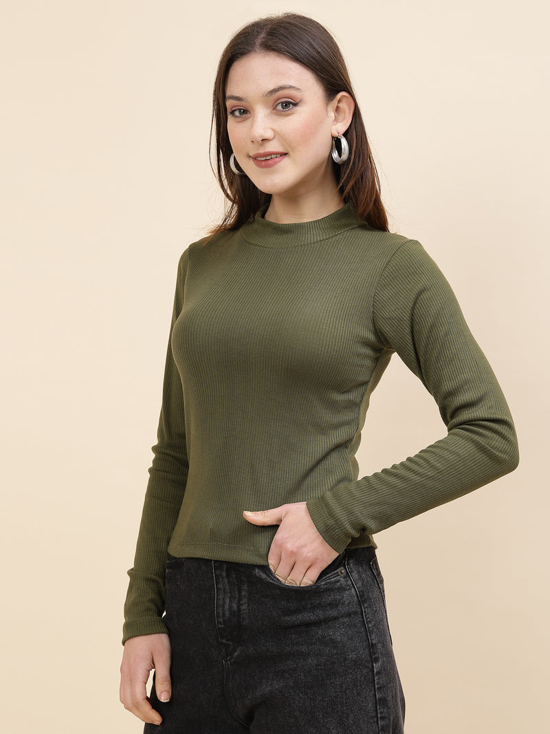 Olive Green Full Sleeve Ribbed Top for Women, is made with soft, ribbed fabric and offers a sleek and snug fit, perfect for everyday wear or layering. Its timeless olive green hue adds a touch of elegance, while the full sleeves deliver a chic look for various occasions.