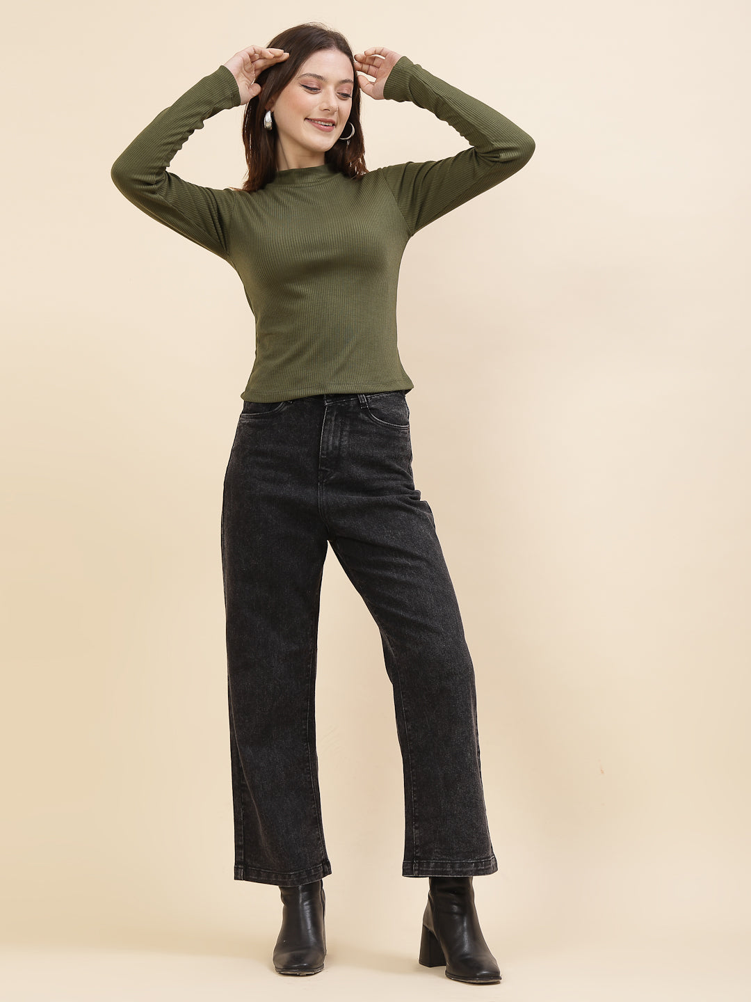 Olive Green Full Sleeve Ribbed Top for Women, is made with soft, ribbed fabric and offers a sleek and snug fit, perfect for everyday wear or layering. Its timeless olive green hue adds a touch of elegance, while the full sleeves deliver a chic look for various occasions.