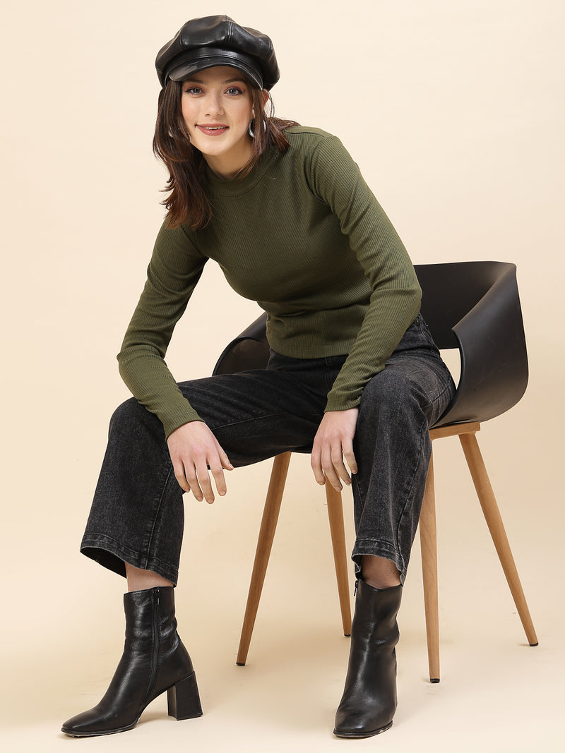 Olive Green Full Sleeve Ribbed Top for Women, is made with soft, ribbed fabric and offers a sleek and snug fit, perfect for everyday wear or layering. Its timeless olive green hue adds a touch of elegance, while the full sleeves deliver a chic look for various occasions.