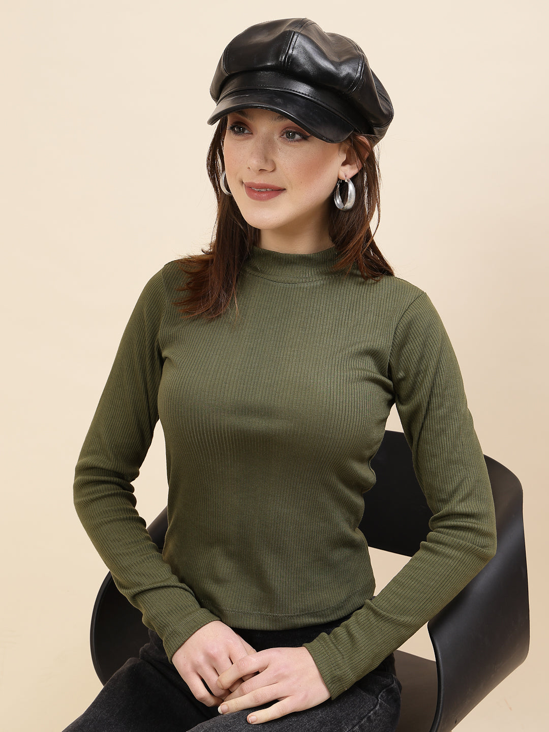 Olive Green Full Sleeve Ribbed Top for Women, is made with soft, ribbed fabric and offers a sleek and snug fit, perfect for everyday wear or layering. Its timeless olive green hue adds a touch of elegance, while the full sleeves deliver a chic look for various occasions.