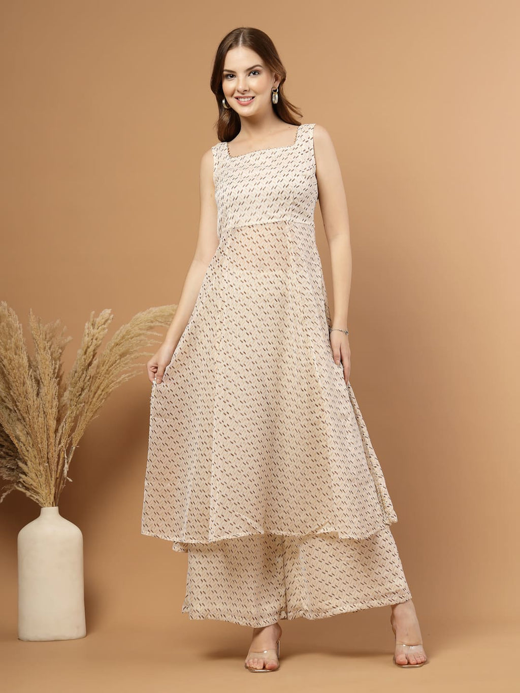 Off-White Flared Kurti Set with Flared Pants for Women-Front View