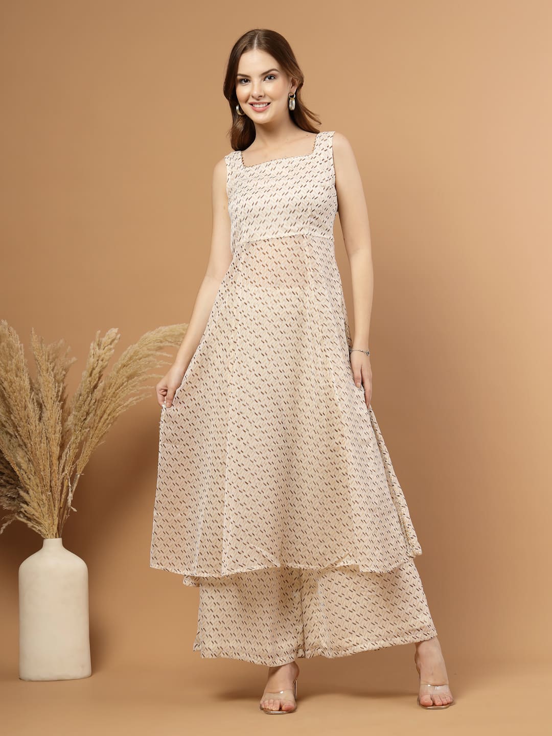 Off-White Flared Kurti Set with Flared Pants for Women-Front View