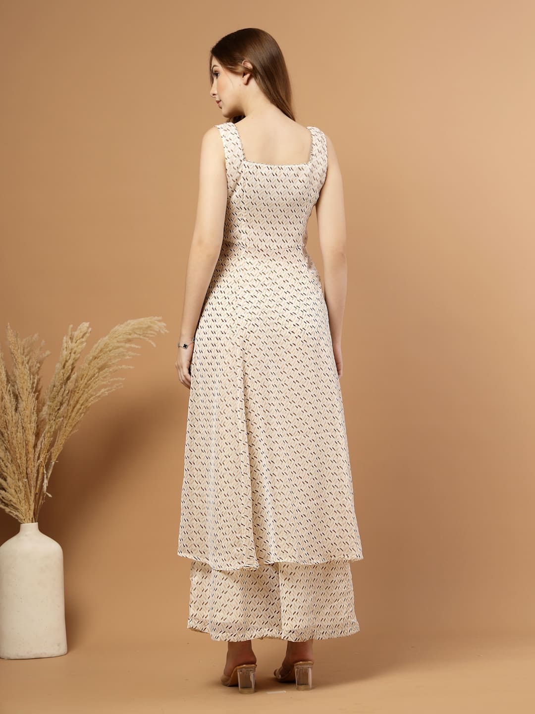 Off-White Flared Kurti Set with Flared Pants for Women- back view