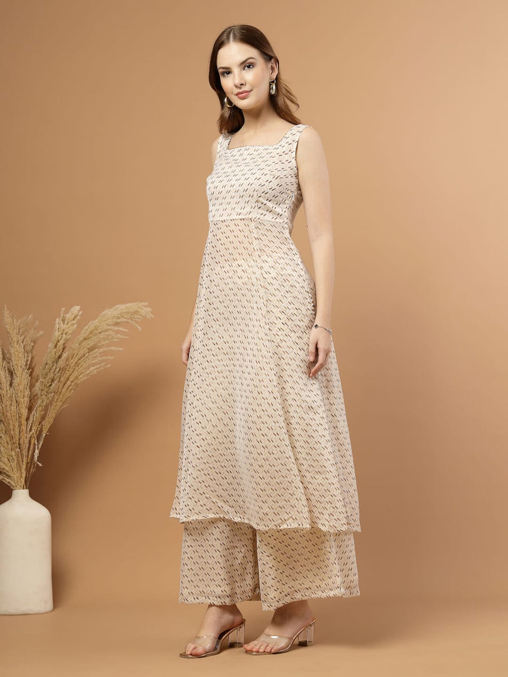 Off-White Flared Kurti Set with Flared Pants for Women - side view